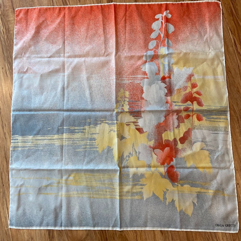 Vintage Olga Greco  light grey red yellow floral square scarf